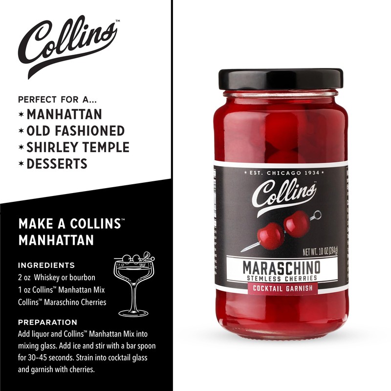 Collins Stemless Maraschino Cherries, Garnish for Cocktails, Desserts, Manhattans, and
