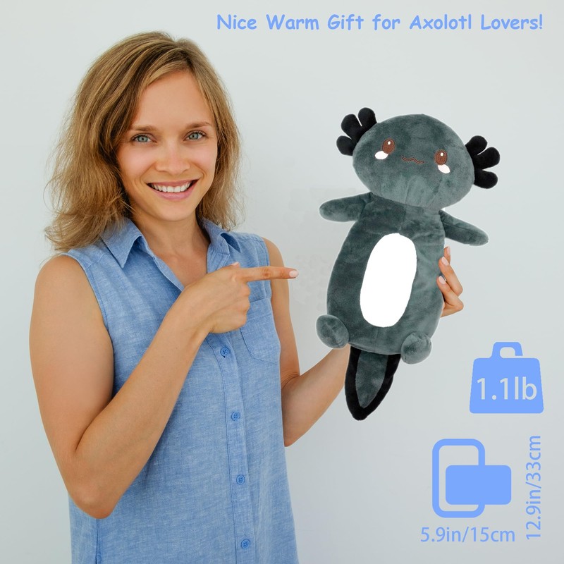 Cute Heating Pad Microwavable Stuffed Animals, Black Axolotl 1.1lb Removable