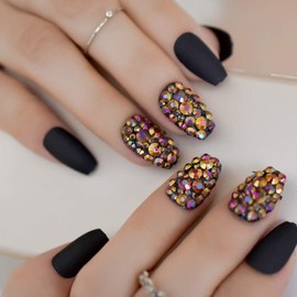 Juego de uñas de ataúd esmeriladas, uñas postizas de cristal a presión, color negro mate, 24 unidades