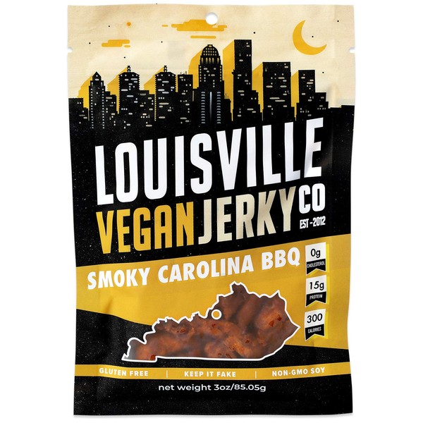 Louisville Vegan Jerky - Smoky Carolina BBQ, Vegetarian & Vegan-Friendly Jerky, 15 Grams of Non-GMO Soy Protein, 300 Calories Per Bag, Gluten-Free Ingredients (3 oz)