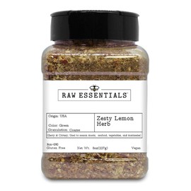Raw Essentials Zesty Lemon Herb – Zesty and Citrusy Flavor for Meats, Seafood, Veggies, Stir-Fries, & Marinades – Non-GMO, Gluten-Free, Vegan – 8 Ounce Bottle