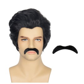 Miss U Hair Man Short Wavy Slicked Back Black Wig Fake Mustache Men's Party Cosplay Funny Wigs