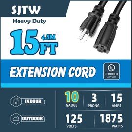 Heavy Duty Extension Cord Outdoor Indoor 15 FT 10 Gauge 3 Prong SJTW 15AMP 1875W 10/3 Electric Cord, Weatherproof Short Power Cable for for Outdoor Lights, Lawn, NEMA 5-15P/R, UL Listed
