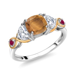 Gem Stone King 925 Silver and 10K Yellow Gold 3-Stone Ring Cushion Tiger Eye Half Moon Moissanite (1.66 Carat Cttw) (Size 6)