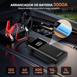 Kayoosi Arrancador de Batería de Coche 3000A, Arrancador Portátil de Emergencia de Batería de Coche 12V, Pantalla LCD con Luces LED y Carga Rápida USB, Caja de Almacenamiento