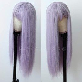 Maycaur Purple Color Synthetic Hair Wigs with Full Bangs Long Straight Women's Wig Heat Resistant Synthetic No Lace Wigs for Fashion Women 22 Inch