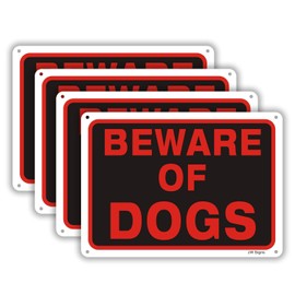 Beware of Dog Signs for Fence Dog Metal Warning Sign (4 Pack) 10”x7” 0.40 Rust Free Aluminum Reflective Sign Pre-Drilled Holes for Easy Mounting UV Coating Weather Resistant for Outdoor Use