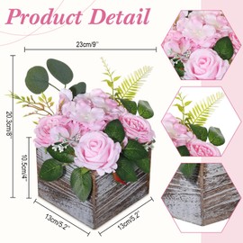Hoteam 4 Set Artificial Flower Centerpiece Table Decoration 8" Flower Arrangement with Wooden Vase Roses Peonies Hydrangeas in Pot Rustic Wood Planter Box for Table Wedding Dining Room(Pink)
