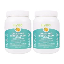 Life180, Colágeno Hidrolizado en Polvo, Sabor Naranja, Paquete de 2 piezas de 450gr c/u, 60 Porciones, 5gr de Colágeno por Porción, 900 gramo, 2