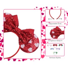 TTBLOCKS Valentine Mouse Ears Headband, Sequin Headband for Valentine, Glitter Hearts Hair Band for Party, Valentine Gifts for Kids Girls Teens Adults (White, One size)