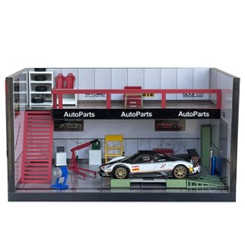 1/64 Scale Garage Diorama Display Case, Prebuilt Auto Repair Shop with Accessories, Diecast Car Storage and Display, Compatible with Hot Wheels & Matchbox, No Assembly Required (Red-Themed,120PCS)