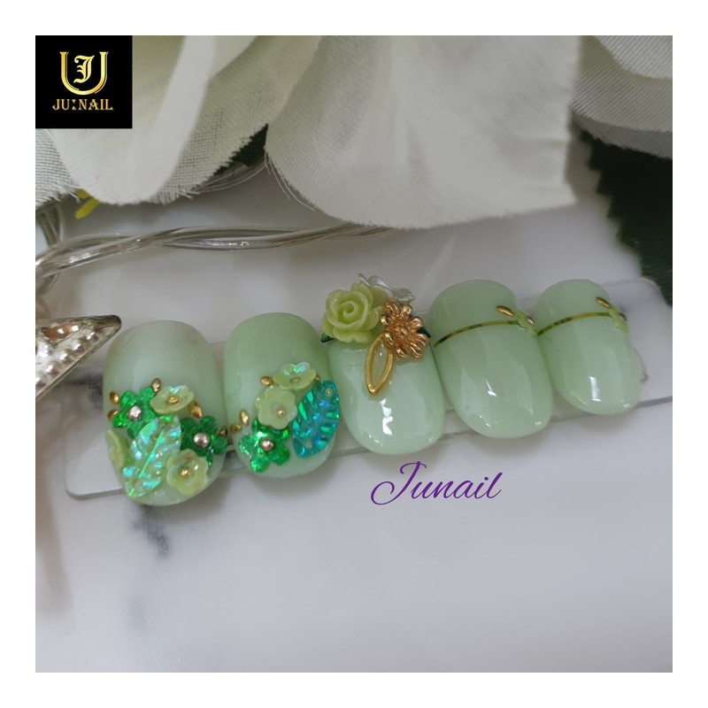 Green Flower Handmade Nail Tips - Short Ballerina / 그린플라워
