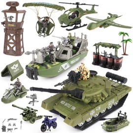 deAO Military Vehicles Toy Set Combat Boat,Helicopter,Tank Toy,with 5 Army Men Figures,Boat Toy and Other Weapon Gear Equipment Accessories,Great Amry Toys for Boys Kids