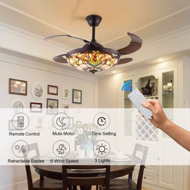 42 Inch Tiffany Style Invisible Ceiling Fan with Lights and Remote Control,Retractable Reverse Blades 6 Speeds 3 Light Changes Fandelier Chandelier Fan,Quiet Motor,Indoor Ceiling Lighting Fixture