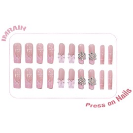 IMRAIN Christmas Press on Nails Long Square White French Fake Nails Full Cover Snowflakes Charms Artificial Nails Press ons Nail Art Tips Glossy Glue on Nails Acrylic False Nails Kit 24Pcs