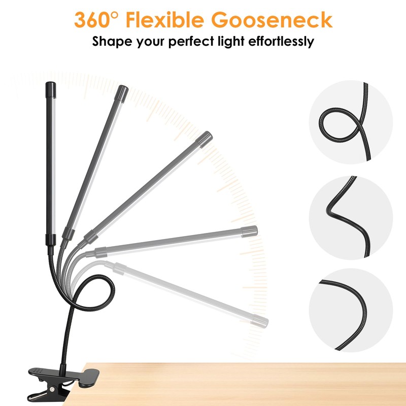 ShineTech 3-Head LED Desk Lamp with Clamp, Eye-Caring Clip on