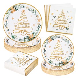 Homlouue 200 Pcs Christmas Paper Plates and Napkins, Christmas Tree Gold Plates and Napkins Disposable, Christmas Dinner Plates and Napkins Serve 50 Guest, Christmas Party Table Decorations