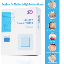 ZD Silicone Foam Dressing with Border Adhesive 4"x4" Waterproof Wound Dressing Bandage for Wound Care 10 Pack Painless Removal High Absorbency Bed Sore Wound Bandage