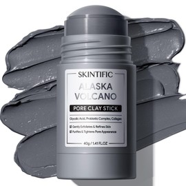 SKINTIFIC Mascarilla en Barra de Arcilla Volcánica  Limpieza Profunda de Poros, Elimina Puntos Negros, Arcilla Natural de Alaska con Ácido Glicólico, 