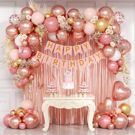 Rose Gold Birthday Decorations with Metallic Pearl Rose Gold Confetti Light Pink White Foil Balloons Fringe Curtain Banner Happy Birthday Decorations for Women