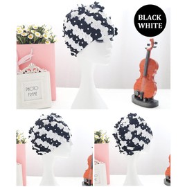 Women Retro Swim Cap, Floral Petal Bathing Cap Long Short Hair Elastic Swimming Turban with Flowers & Pearls(Black&White)