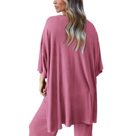 PRETTYGARDEN Women's 2 Piece Outfits Casual Short Sleeve Pullover Tops and Wide Leg Pants Lounge Sets Tracksuits (Pink,Large)