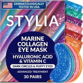 Stylia Parches Debajo de Los Ojos para Ojeras y Ojos Hinchados(30 Pares), Mascarilla de Colágeno Marino para Hinchazón Con Vitamina C, Ácido Hialurónico y Extracto de Perla, Almohadillas de Gel para O