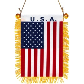 GSYLPFT 4 X 6 American Flag Small Mini US USA Flags Banners for Car Rearview Mirror Window Hanging Decor with Suction Cup & Fringy