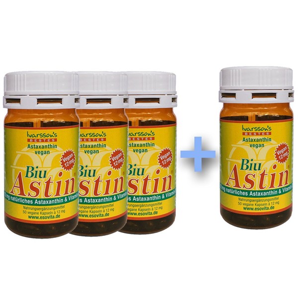 Astaxanthin - from Hawaii - 3+1 Free BiuAstin 50 Capsules Vegan with 12 mg Natural Astaxanthin - The Original Ivarsson's BiuAstin!