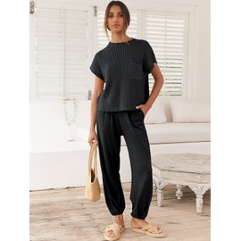 ANRABESS Women Two Piece Outfits Summer Sweater Vest Crop Top Pants Lounge Matching Set Travel Airport Beach Vacation Clothes Black Medium