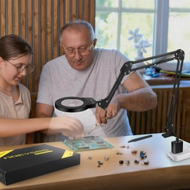 NOEVSBIG Desk Magnifying Glass with Light 10+5X Desktop Lamp Close Work Up for Table Crafting, Reading, Sewing, Panting, Soldering, Ultra Long 3-Section Swing Arm Design for Large Workbench