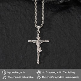 NORBU 925 Sterling Silver Crucifix Necklace for Men/Women, Cross Pendant Necklace with Rope Chain, 20 inch, Jewelry Box Included