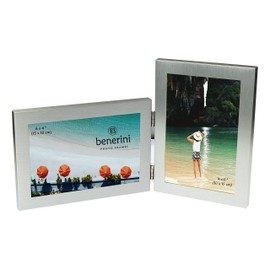 Brushed Aluminium Satin Silver Colour Twin 2 Picture Double Folding Photo Frame Gift - Takes 2 Standard 6 x 4 inch Photographs (1 Landscape and 1 Portrait Style)