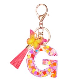 Suweibuke Colourful Cute Initial Letter Keychains for Women Girls with Tassel Butterfly, Charm for Purse Backpacks Handbags Schoolbags (Colorful Pink-G)