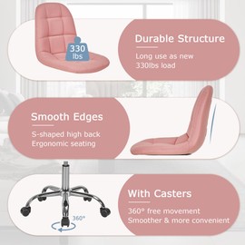 VECELO Armless Office Chair - Modern PU Leather Desk Chair with Adjustable Height, Swivel Rolling Task Chair with Padded Seat for Home Office, Vanity, Study Room - Pink