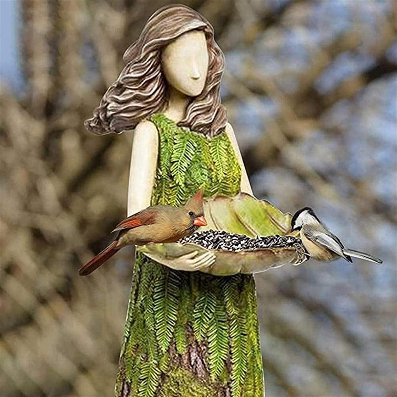 Fairy Garden Statue with Bird Feeder Lawn Resin Ornaments Garden