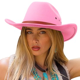 DRESHOW Cowboy Hat for Women and Men Cattleman Western Retro Fedora Felt Cowgirl Hats Outdoor Wide Brim with Buckle Belt Unisex Rolled up Caps