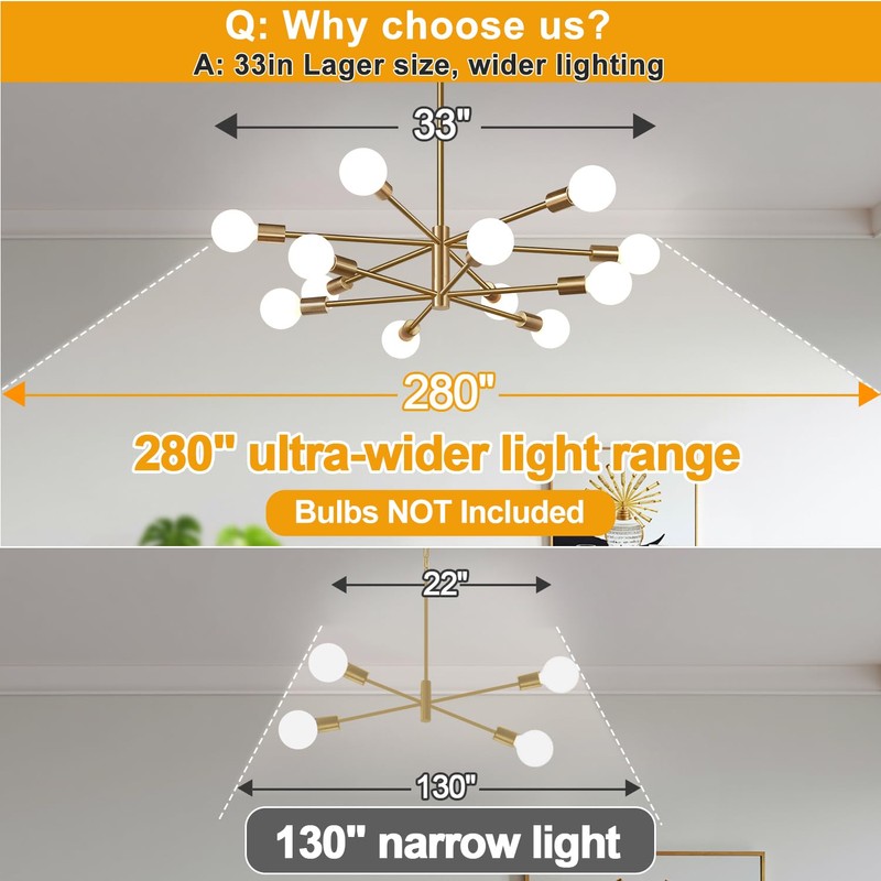 Sputnik Chandeliers Dining Room Light Fixture (12-Light, 33-Inch), Modern Brass