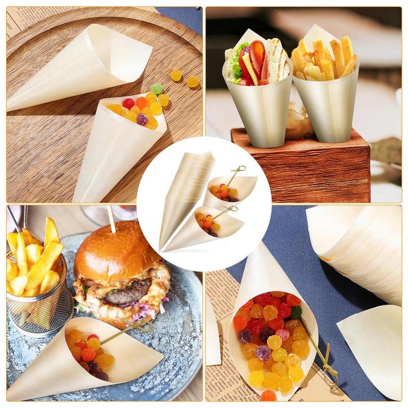 DEARMAMY 100 Pcs Disposable Wooden Cone Tasting Serving Wooden Cones