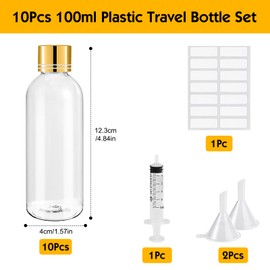 Sheryl&Rain 10Pcs 100ml Travel Bottle for Toiletries, Plastic Bottles Empty, Refillable Transparent Travel Bottles with Syringe Funnels and Labels for Travel Toiletries Makeup,Golden Lid