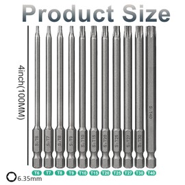 T6-T40 Torx Screwdriver Set, 12 Pieces 1/4 Inch 100 mm Torx Screwdriver Set S2 Steel, Long Magnetic Torx Set, Long Screwdriver Bit for Cordless Screwdriver T20 T25 Screwdriver Set