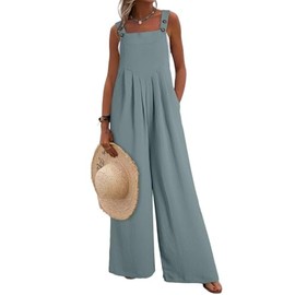 Dokotoo Loose Jumpsuits for Women Overalls Oversized Solid Color Casual Wide Leg One Piece Sleeveless jumpsuit Long Pant Romper with Pockets 2025 Fashion Dusk Blue Large