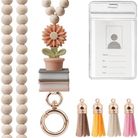 UGELOKI 2024 Teacher Lanyard with ID Holder, Fashion Wood Beaded Lanyard for Key, Super Cute Boho Breakaway Lanyard for Women