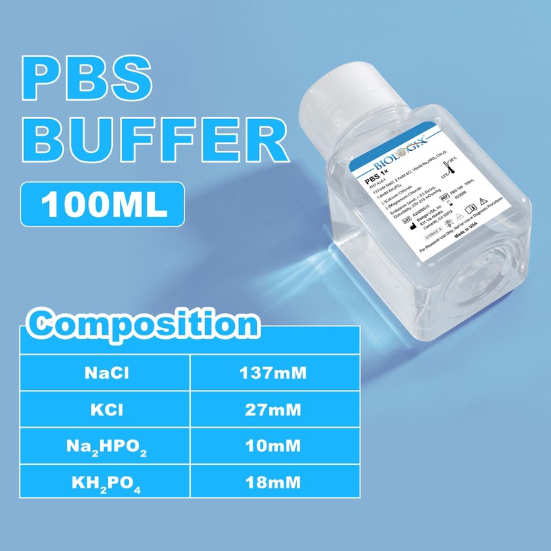 CryoKing Phosphate Buffered Saline 1X, 100ml Lab PBS Buffer 0.1um