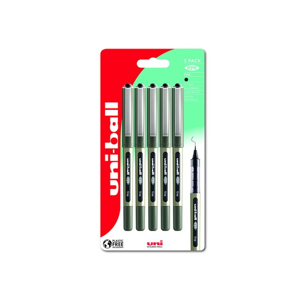 Uni-ball UB-157 Eye Black Rollerball Pens. Premium Fine 0.7mm Ballpoint Tip for Super Smooth Handwriting, Drawing, Art, Crafts and Colouring. Fade and Water Resistant Liquid Uni Super Ink. Pack of 5