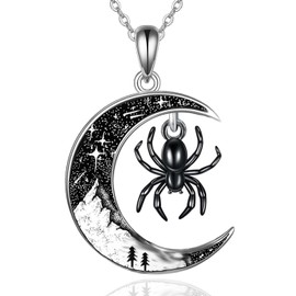 Spider Pendant Necklace 925 Sterling Silver Crescent Moon Necklace for Women Black Gothic Jewelry Gifts