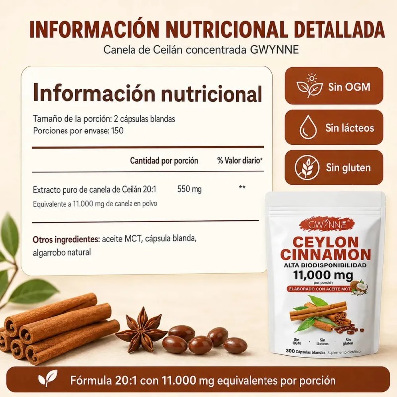 GWYNNE - Ceylon Cinnamon 300 Capsules 20:1 con Aceite MCT,alta