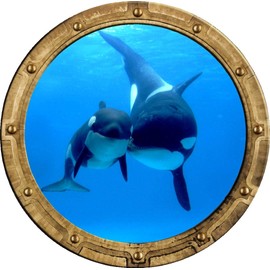 Porthole Window Wall Decal Killer Whale and Cub Rustic Port Scape Orca Baby Whale Ocean Sea Animal Wall Art Peel and Stick Kids Room Decor 12 inch