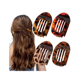 4 PCS Flat Hair Clips, French Design Flat Hair Claws, Flat Round Clip for Women, Strong Hold No Slip Grip Hair Claw Clips for All Hair Textures, Medium Classic Hair Barrettes (Leopard Print)