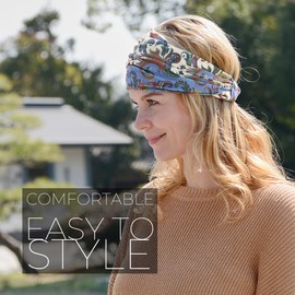 Diadema de yoga ancha sostenible preatada – Diademas ecológicas de algodón para mujer, bandas bohemias para el pelo para mujer, color azul cachemira